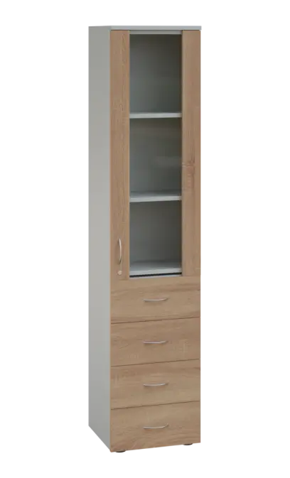 LE - 44 skříň léková prosklená, pravá, korpus šedý, dvířka dub bardolino